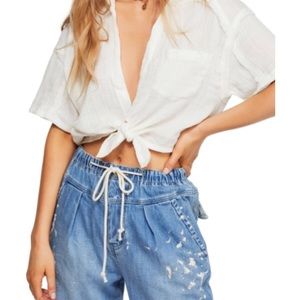 Free People Cotton Tie Front Shirt Crop Top Ivory
